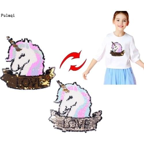 DIY Pulaqi Lovely Unicorn Patch Reversible Sequin Patches For Clothing Sew On Embroidered Patch Stickers Stripe On Clothes Badge