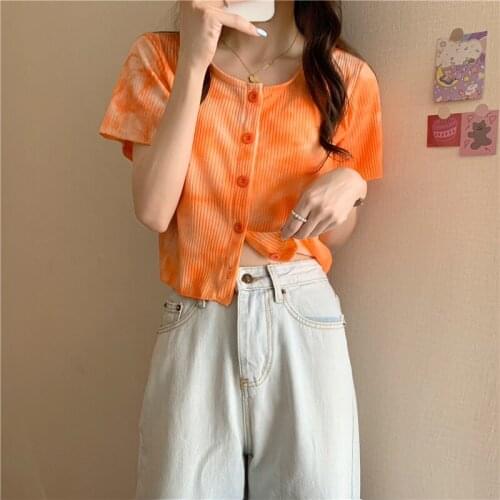 Design Tie-dye Round Neck Short-sleeved Cardigan Shirt Womens Summer New Korean Style Slim Slim Short T-shirt