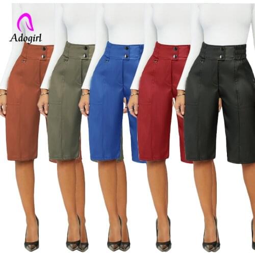 Elegant PU Leather Women Shorts Activewear 2021 Autumn High Waist Bottom Workwear Office Lady Fashion Clothing Straight Trousers