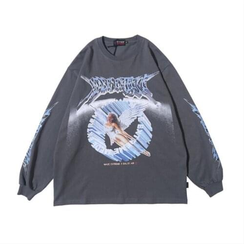 Sale Men Hip Hop T Shirt Oversize Streetwear Retro Angel Print Harajuku Tshirt Loose HipHop T-shirt Cotton Tops Tees Long Sleeve