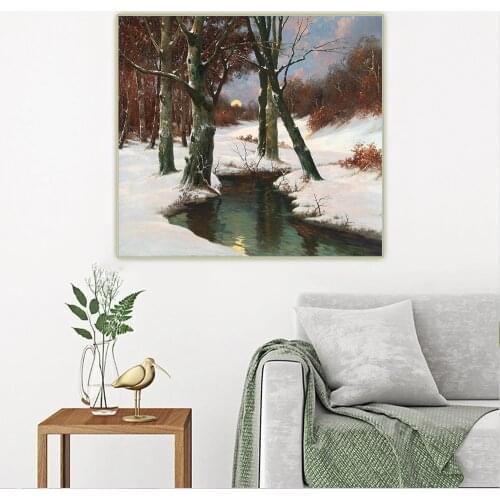 Adolf Kaufmann《Winter Landscape with Rising Moon》Canvas Oil Painting Aesthetic Poster Picture Wall Hanging Decor Home Decoration