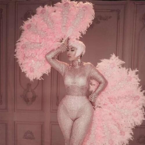 Pink Creativity Singer Dancer Stage Costume Rhinestone Stretch Bodysuit Feather Fan Headdress Nightclub Gogo Dance Wear VDB3932