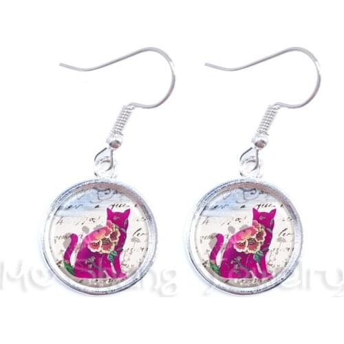 Cat And Flower Picture Round Glass Dome Earrings Cat Pattern Series Drop Earrings Animal Lover Creative Gift Handmade Jewelry