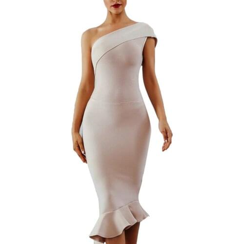 Summer Dresses Elegant Women Sexy Sleeveless One Shoulder Fish Tail Hem Bodycon Midi Dress Cocktail Wedding Banquet Vestidos