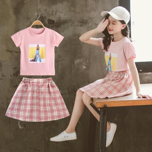 Girls Summer Clothes Short Sleeve Plaid Skirt Set Suit Clothing Two Piece Sets Pink Skirt T Shirt for Girls 3-8 Years New 2021