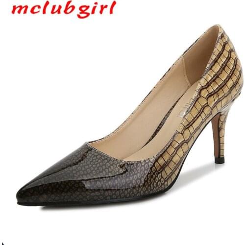 Mclubgirl Fashion Sexy Pointed Toe Thin Heeled High Heel Large Size Womens Shoes Stitching Snakeskin Womens Shoes WZ-3336-3