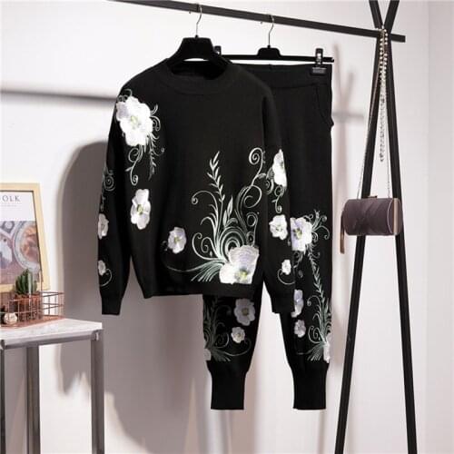 Fashion Flower Embroidery Knit Tracksuit Set Women Black O Neck Pullover Sweater Pencil Pants Knitted Outfits Female Casual Sets