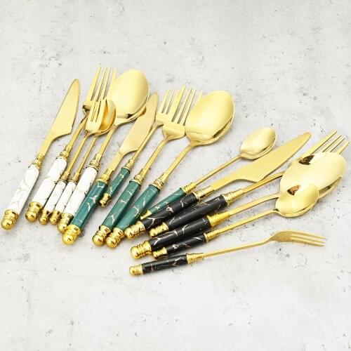Gold Dinnerware Marbled Ceramic Cutlery Set Storage Tray Stainless Steel Knife Spoon Fork Tableware Coffee Cake Fork Dinner Set