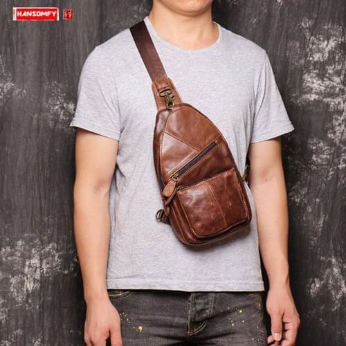 New Genuine Leather Mens Chest Bag Oil Leather Shoulder Messenger Bag Casual Men Bags Multi-function Lock Fashion Vintage Soft