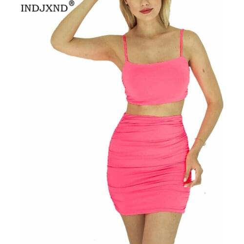 INDJXND Ruched Neon Green Backless Vest Two Piece Set Club Women Spaghetti Strap Crop Top And Mini Skirt Sexy Summer Clothes