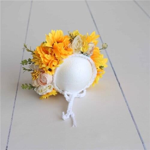 Newborn Sunflower Bonnet Photography Props Handmade Baby Boy Girl Hat for Photo Shoot Vintage Yellow Flower Hat Newborn