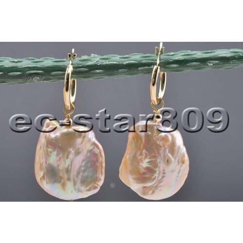 P6289 Big 22MM Pink Coin Keshi Pearl Dangle Earring Women Fine Jewelry
