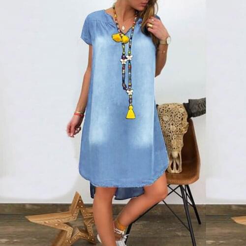 &35 Womens Summer Jean Dress Casual V Neck Denim Long Party Dresses Short Sleeve Swing Dress Elegant Plus Size Dress Ropa Mujer