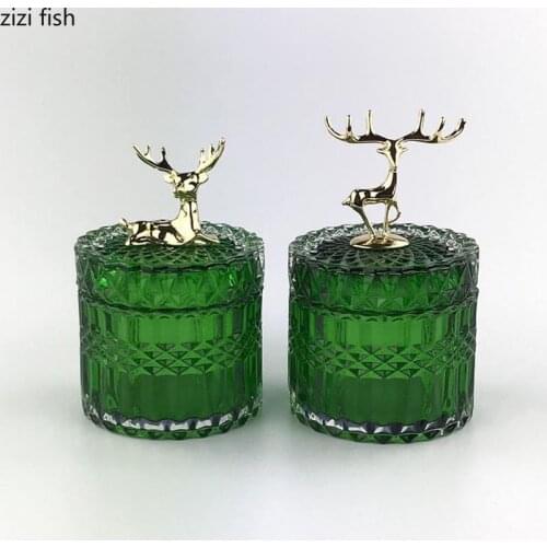 European Style Transparent Crystal Glass Candy Jar Decoration Storage Tank with Deer Cover Home Cotton Swab Box Jewelry Box