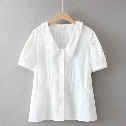 Plus Size XL-5XL Womens V-neck White Blouse Short Sleeve Full Cotton Button Up Tops Oversized Blusas