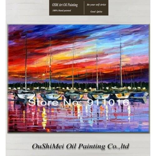 Hand-painted Oil Realistic Sailing Oil Painting On Canvas Sunrise Seascape Thick Knife Painted Decorative Wharf Night View