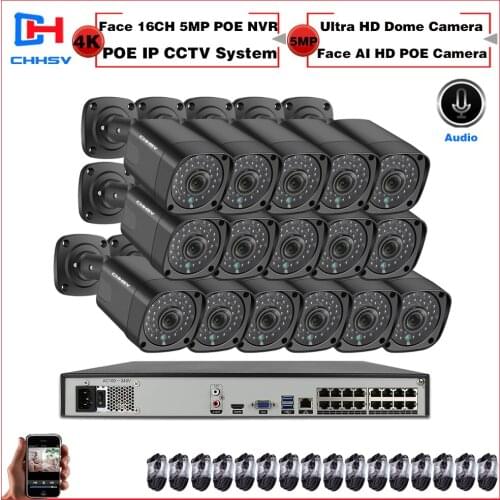 CHHSV AI Smart H.265 5MP System 16CH POE CCTV Security NVR Kit Two way Audio Outdoor Waterproof IP Camera Surveillance System