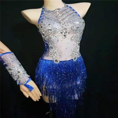 T09 Blue tassel female bodysuit stage wears dance costumes sexy women dress rhinestone outfit clothe dj gloves diamonds party ds