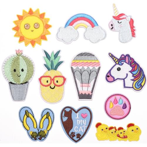 Iron on Animal Patches for Clothing Stripes Cute Sun Unicorn Badges Sticker on Clothes Embroidered Patches for Kids DIY Applique
