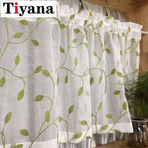 Embroidered Short Tulle Curtains for the Kitchen Pastoral Leaves Pattern Partition Door Window Decor Sheer Curtains Panel P072X