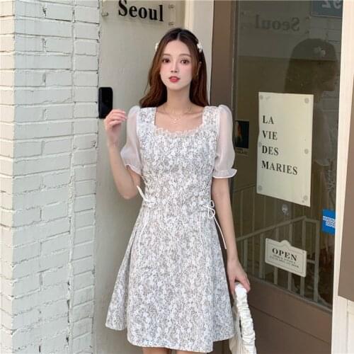 Womens Summer Sexy Fashion Bubble Sleeve Lace High Skirt Retro Korean Elegant Floral Pieces Slim Waist and Slim Body Party