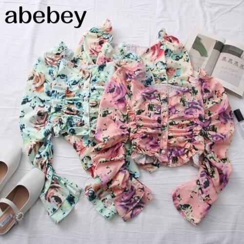 2021 New Spring Women Fashion Square Neck Floral Print Blouse pleated slim short flared Sleeve Chiffon Shirt Top