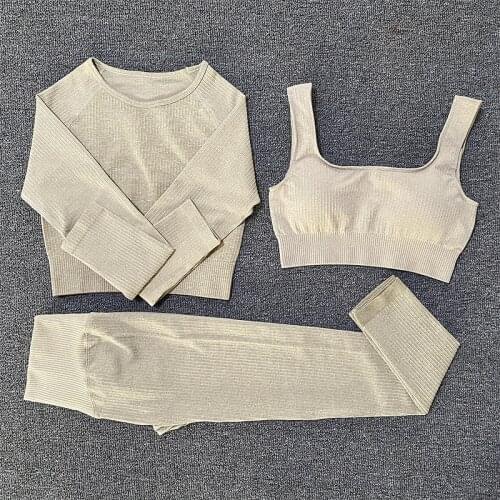 Womens Sportswear Seamless Yoga Set Gym Workout Clothing Fitness Bra Crop Top Long Sleeve High Waist Leggings Workout Set