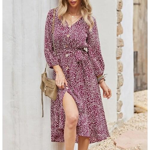 Khalee Yose Floral Printed Midi Dress Vintage Chic Dresses for Women Autumn Long Sleeve V-neck Button Split Casual Ladies Dress