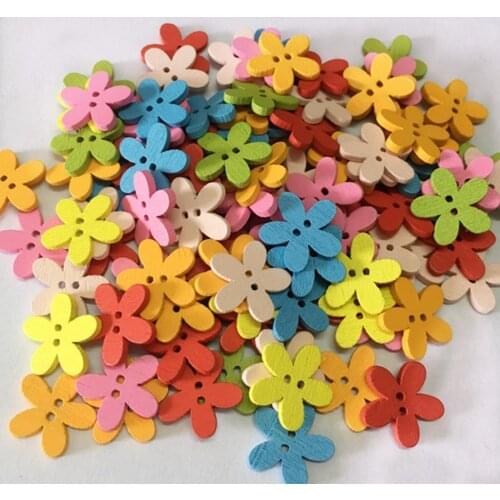 100pcs Mixed Color Sewing Wood Flower Buttons 2 Holes for Scrapbooking Decoration DIY Embellishment Craft 15x15x2mm
