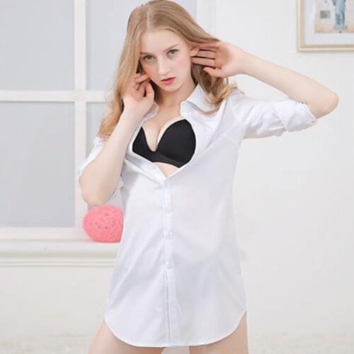 Long Sleeve White Blouse Slim Tunic Shirt Women BF Style Sexy Bustier Top Night Wear Translucent Chiffon Shirts S-5XL Plus Size
