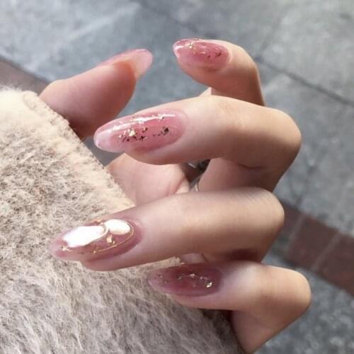 24pcs decorated false nails Golden shell False nails Detachable gauze Manicure patch oval fake nails