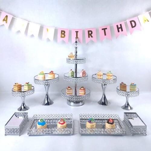 Gold3- 13PCS Beautiful Tray 3 tier Cupcake Dessert Display Decoration Tools Wedding Crystal Mirror Cake Stand set