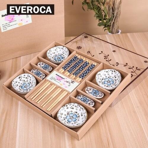 EVEROCA Japanese Style Cherry Blossom Ceramic Sushi Dishes Sashimi Soysauce Dish Dinnerware Set Tableware (12Pcs/Set)