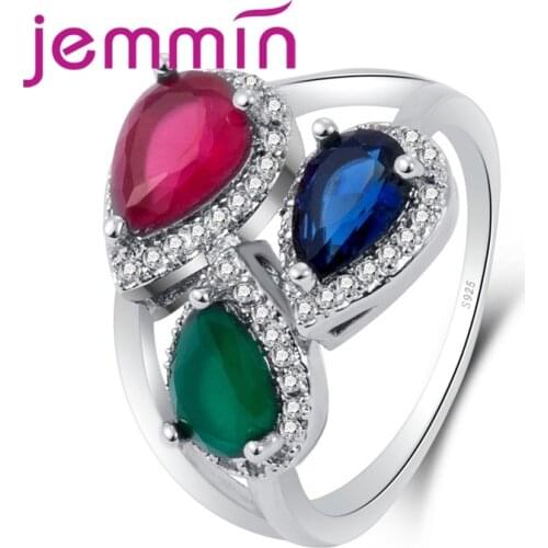 Elegant 3colors Water Drip 925 Sterling Silver Wedding CZ Ring Generous Geometric Ornaments Women Female Jewelry