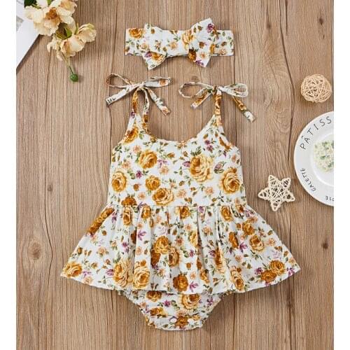 2021 New Products Fashion Baby Girls Summer Outfits Sweet Self Tie Strap Sleeveless Floral Tutu Romper with Headband Set
