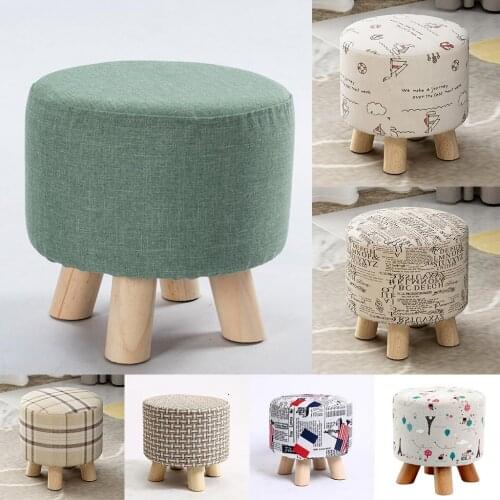 Round Shape Linen Fabric Footstool Cover Mini Chair Sofa Slipcover for Wooden