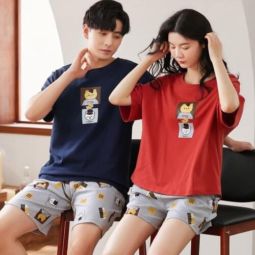 Summer Cotton Short Sleeves Pajamas Set Funny Cartoon Printing Kawaii Women Sleepwear Casual Plus Size Men And Women Homewear