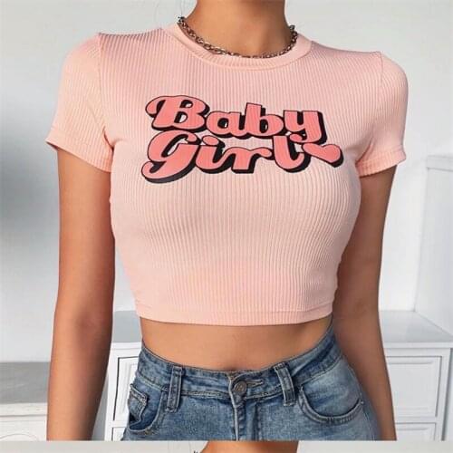 Summer Womens Short Sleeve Crop Top Cute Letter Print Crew Neck Rib-Knit Basic Tee Top