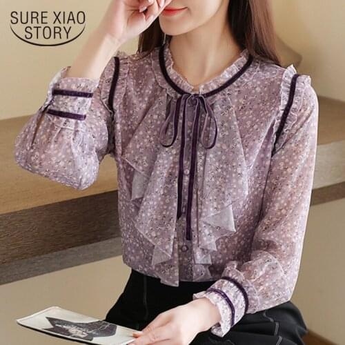 Fashion 2021 New Bow Long Sleeve Chiffon Women Shirts Hollow Spring Temperament Purple Women Tops and Blouses Flower 8468 50