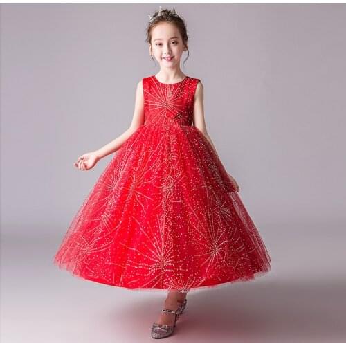 Fashion Boutique Flower Girl Clothes Tea Length Print Tulle Ball Gown Kids Dresses for Girls Wedding of 4 To 11 12 13 Years
