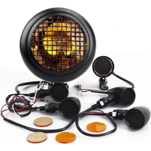 Motorcycles Retro Mesh Grill Amber Bottom Mount Headlight LED Taillights Brake Light 4pcs Turn Signal Light Universal Assembly