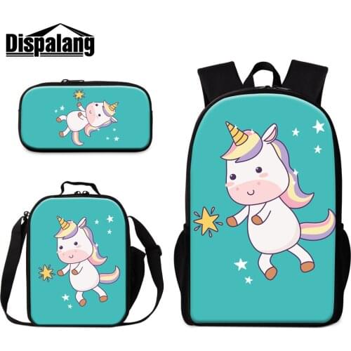 3 PCS Bags Set For Student Unicorn Cartoon Print Schoolbag with Pencil Case Children Small Messenger Lunchbox For School Bookbag