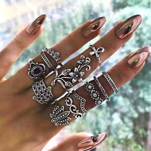 Retro round hollow geometric ring set Bohemian ladies fashion gold and silver color twisted crystal joint ring female jewelry