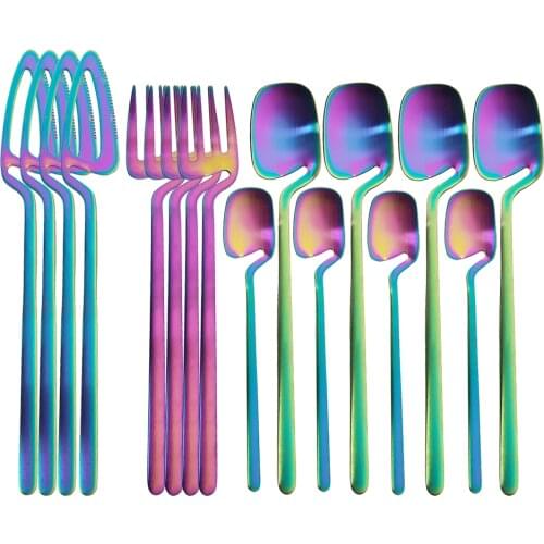16pcs Rainbow Dinnerware Set Spoon Fork Knife Table Decor Cutlery Sets Kitchen Matte Gold tableware Set Desserts Soup Coffee Use