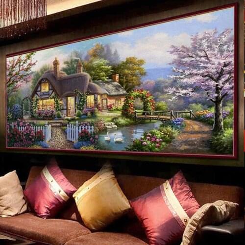 Needlework,DMC Cross stitch,Sets For Full Embroidery kit,Garden Cottage Dream House Landscape Pattern Cross-Stitching Home Decro