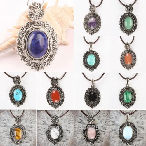 Carnelian Lapis Onyx Opal Quartz Howlite Stone Aventurine Tigers Eye Oval Bead Rhinestone Pendant 1PCS