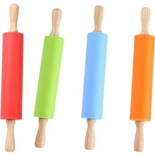 Silicone Rolling Pin Flour Roller Wooden Handle Non-Stick Pastry Baking Tool Bar Bakeware Kitchen Accessories