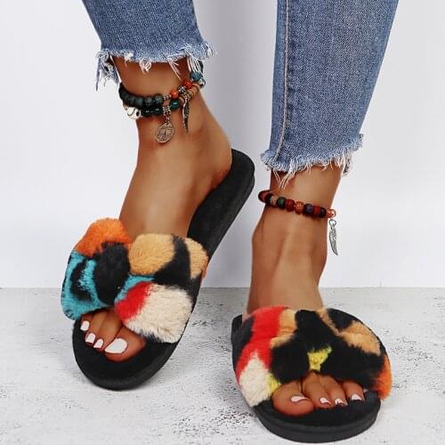 Winter Women Mixed Colors Short Plush Open-Toed Flat Slippers Fashion Faux Fur Home Cotton Shoes Indoor Warm Concise Slipper