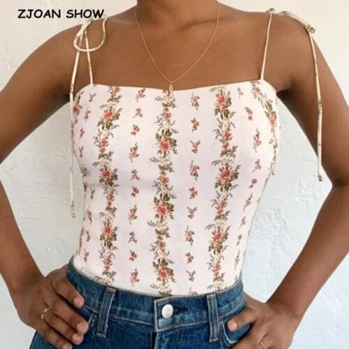 2021 Adjust Tie Bow Strap Striped Floral Print Camis Women Summer Tanks Retro Girl Sexy Slim Chiffon Crop Top Short Tees