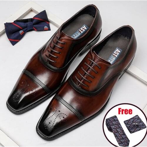 Phenkang Men Italian Wingtip Genuine Leather Oxford Shoes Pointed Toe Lace-Up Oxford Dress Wedding Business Mens Platform Shoes